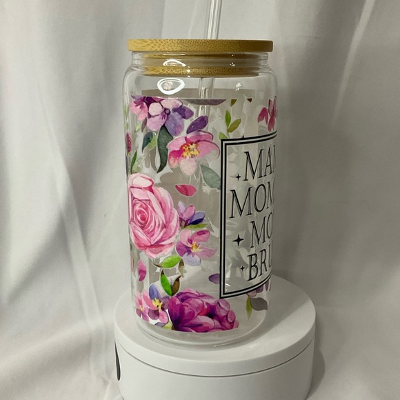 16 Ounce Handmade Clear Glass Can Cup, W/Lid & Straw, Mama Floral - Picture 3 of 13